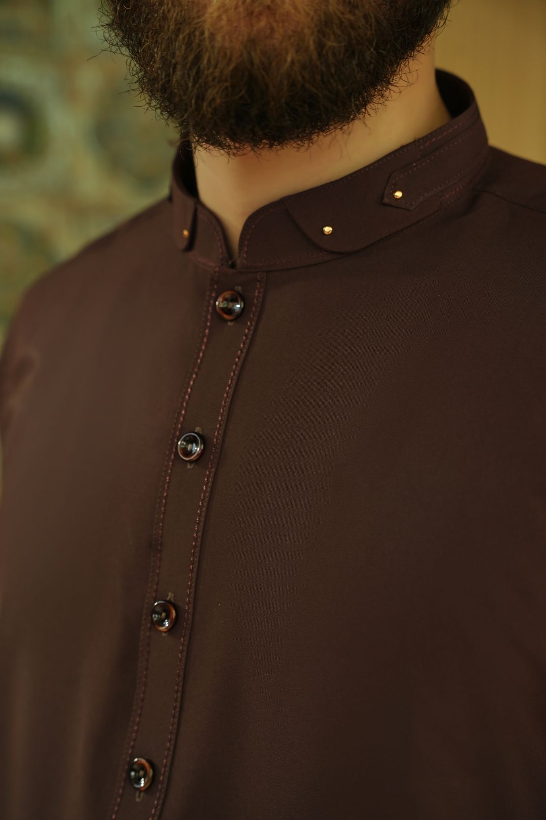 Cognac Stitched Shalwar Kameez (Ban Collar)