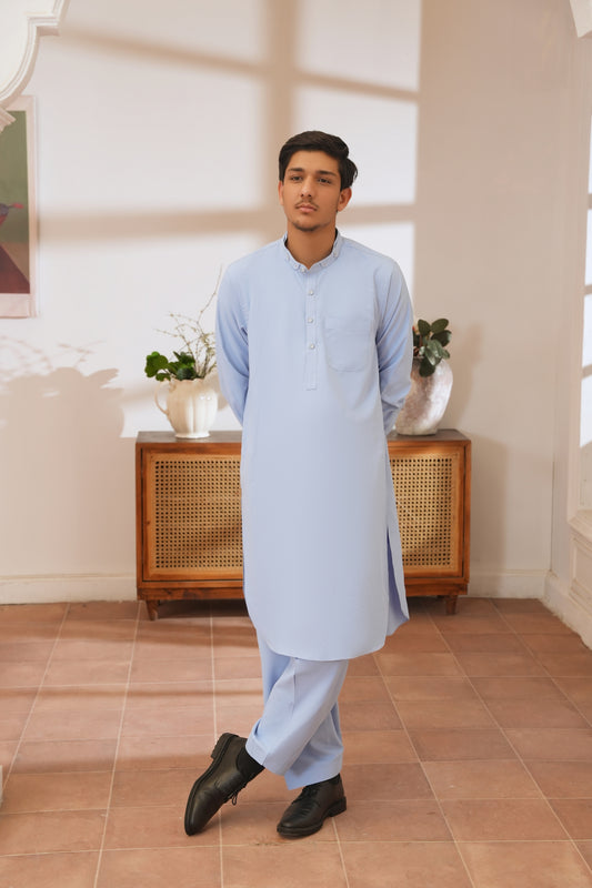 Sky Blue Stitched Shalwar Kameez (Ban Collar)