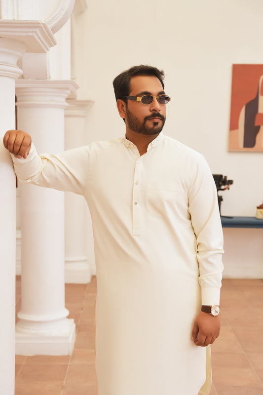 Cream White Stitched Shalwar Kameez (Ban Collar)