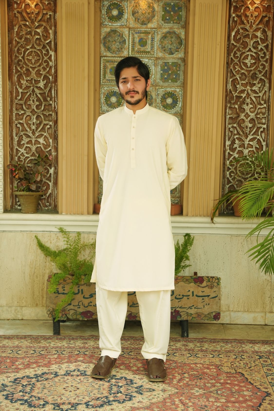 Cream White Stitched Shalwar Kameez (Ban Collar)