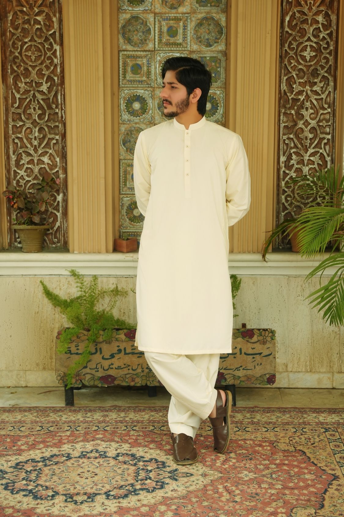 Cream White Stitched Shalwar Kameez (Ban Collar)