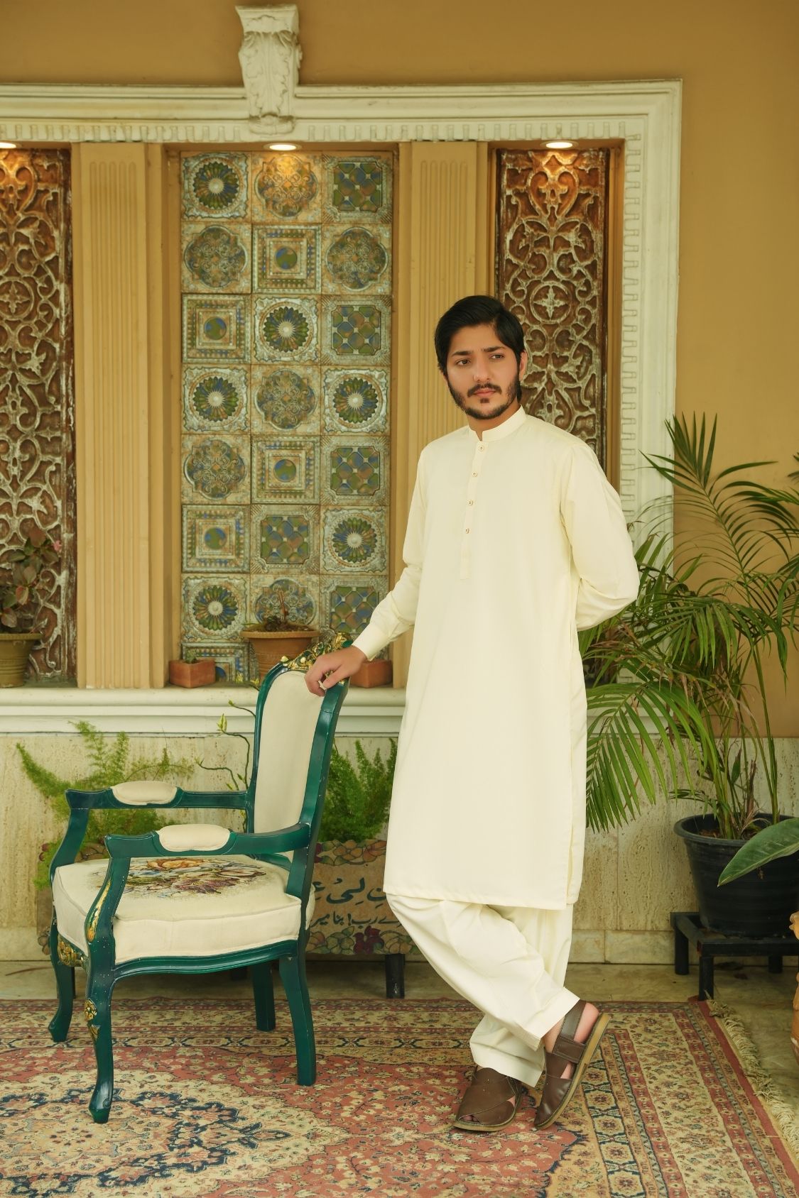 Cream White Stitched Shalwar Kameez (Ban Collar)
