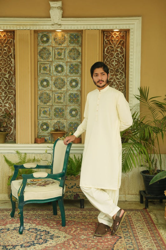 Cream White Stitched Shalwar Kameez (Ban Collar)