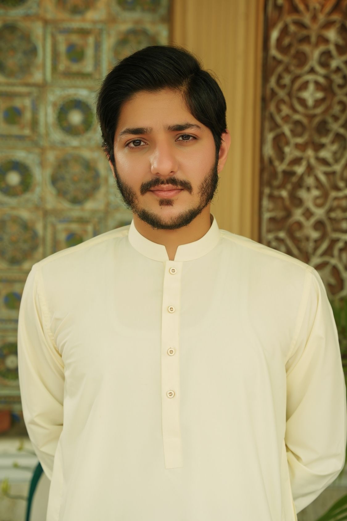 Cream White Stitched Shalwar Kameez (Ban Collar)