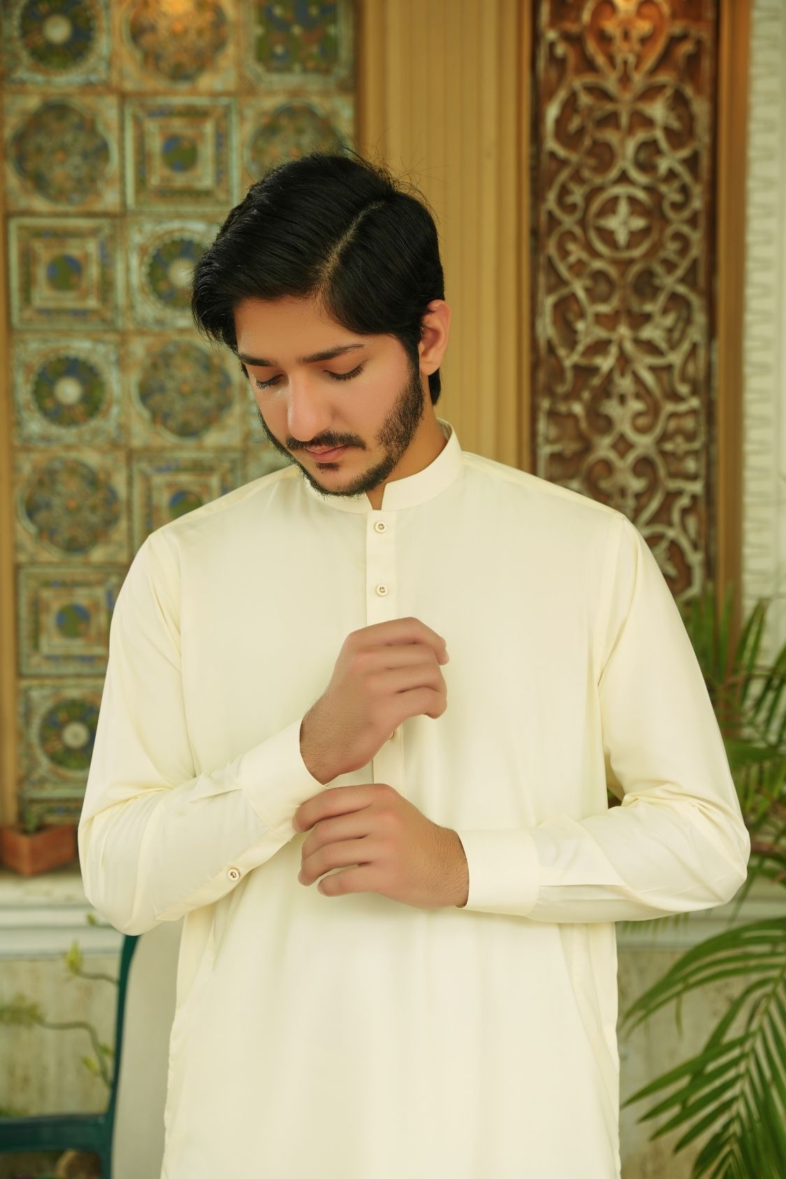 Cream White Stitched Shalwar Kameez (Ban Collar)