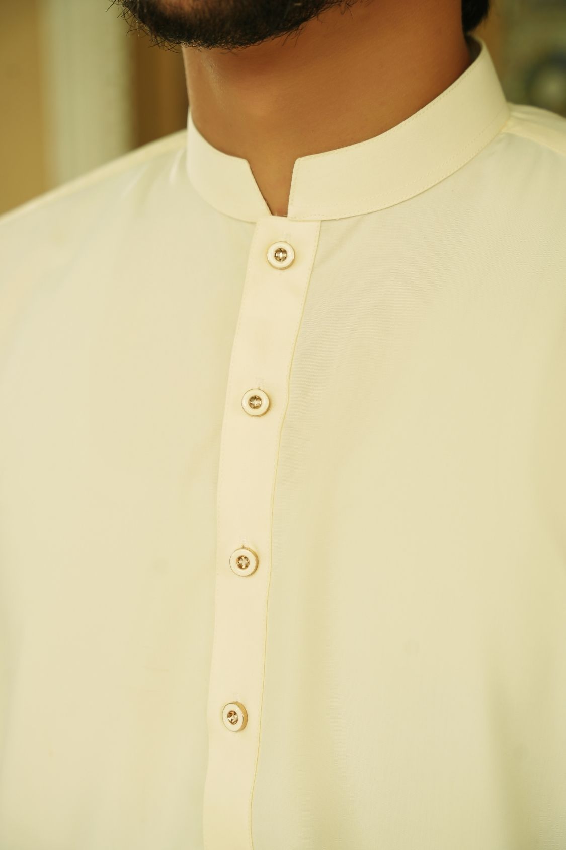 Cream White Stitched Shalwar Kameez (Ban Collar)