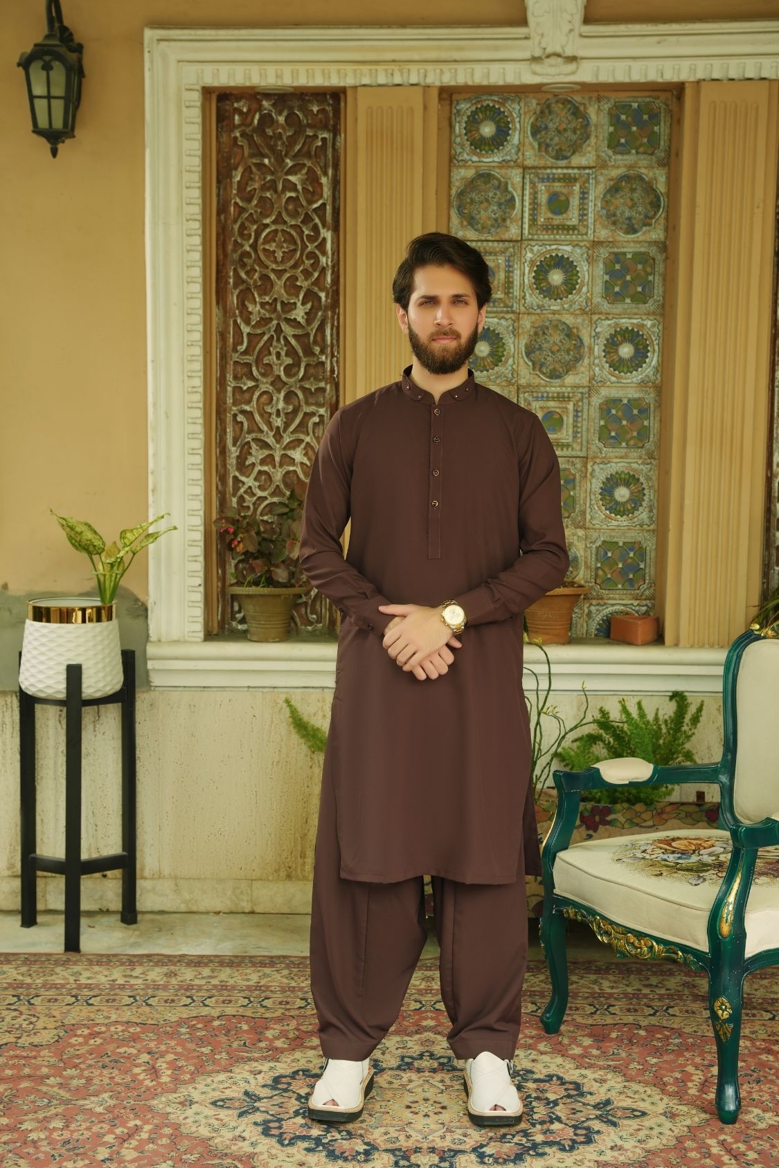 Cognac Stitched Shalwar Kameez (Ban Collar)