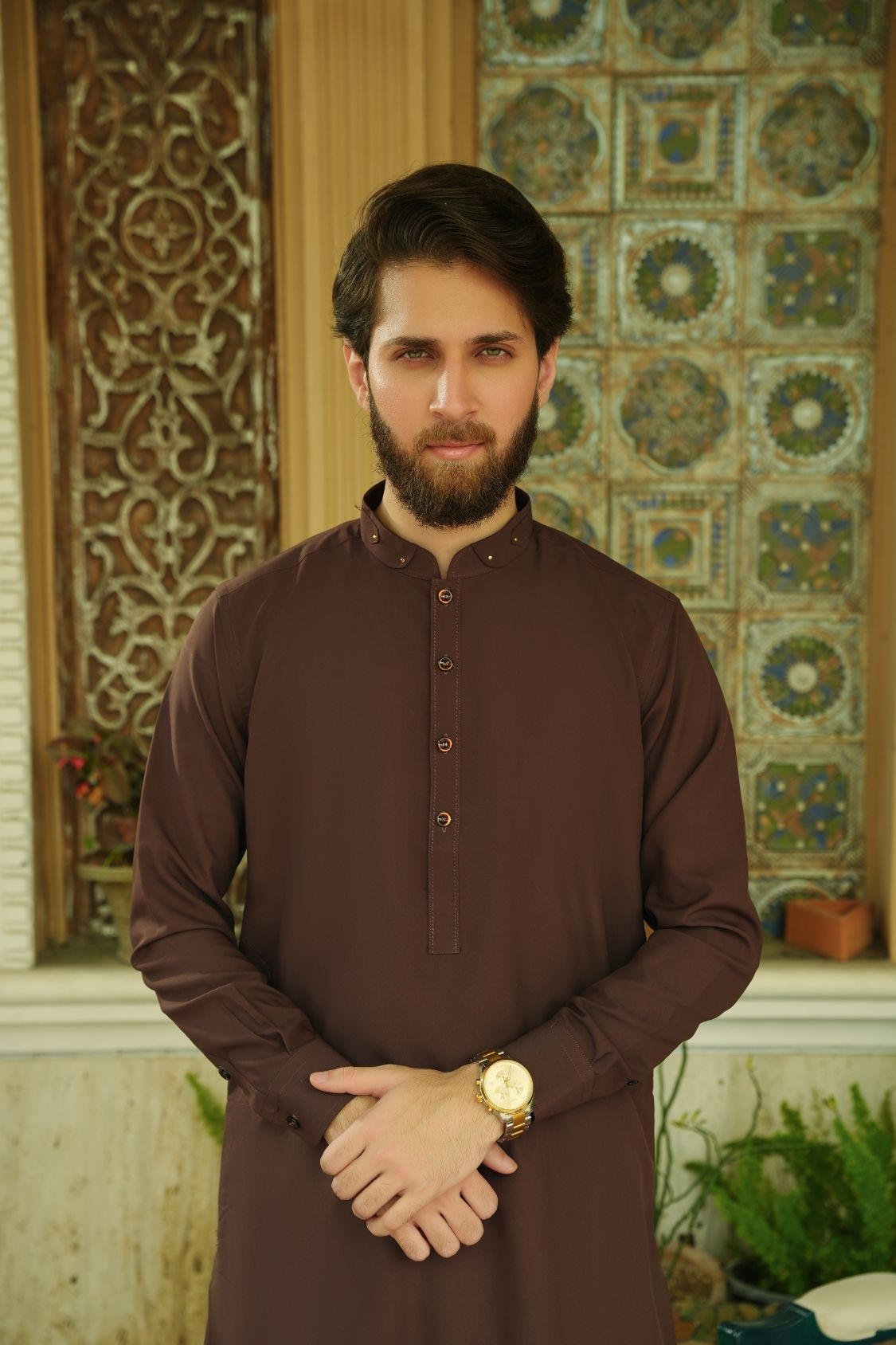 Cognac Stitched Shalwar Kameez (Ban Collar)