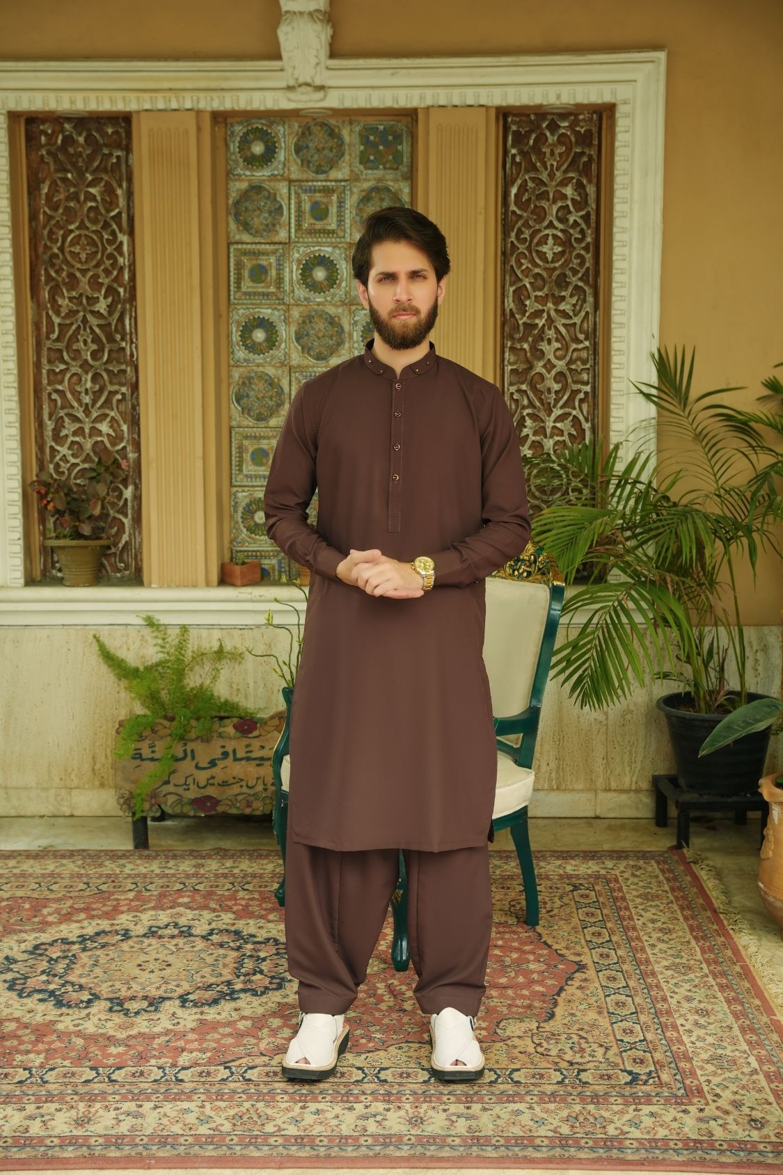 Cognac Stitched Shalwar Kameez (Ban Collar)