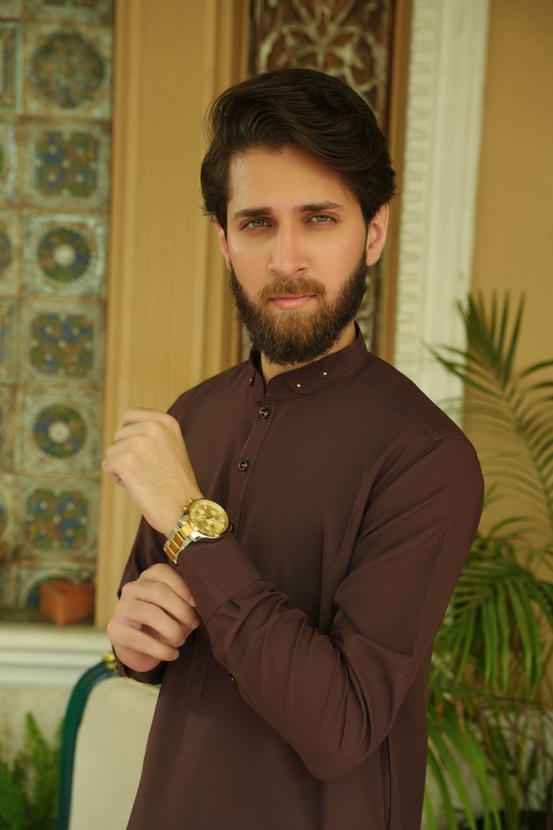 Cognac Stitched Shalwar Kameez (Ban Collar)