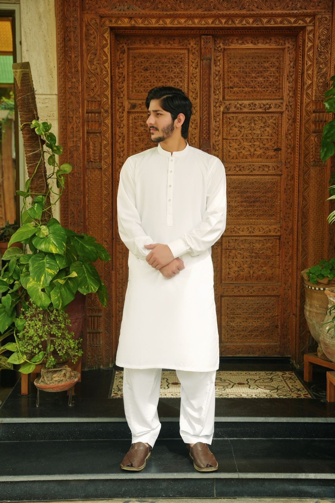 Stark White Stitched Shalwar Kameez (Ban Collar)
