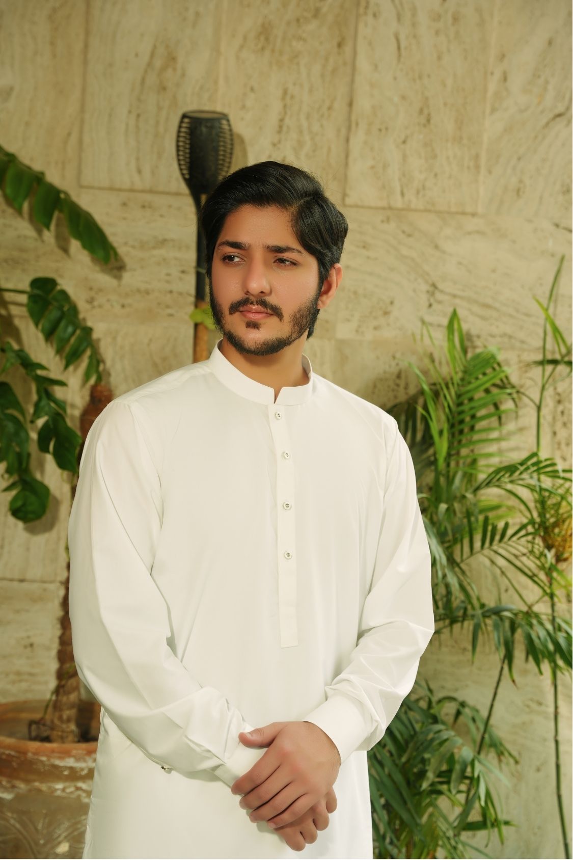 Stark White Stitched Shalwar Kameez (Ban Collar)