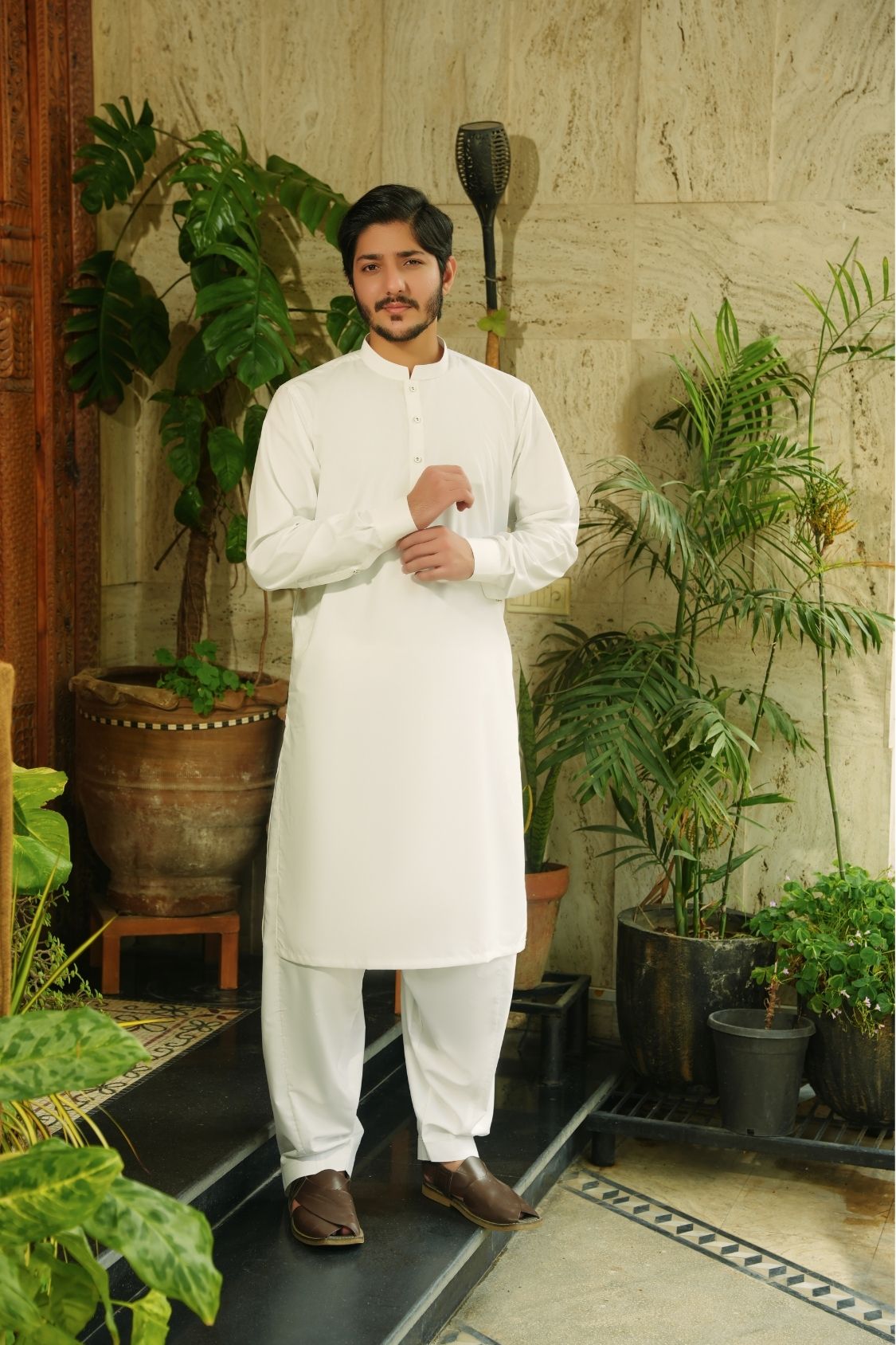 Stark White Stitched Shalwar Kameez (Ban Collar)