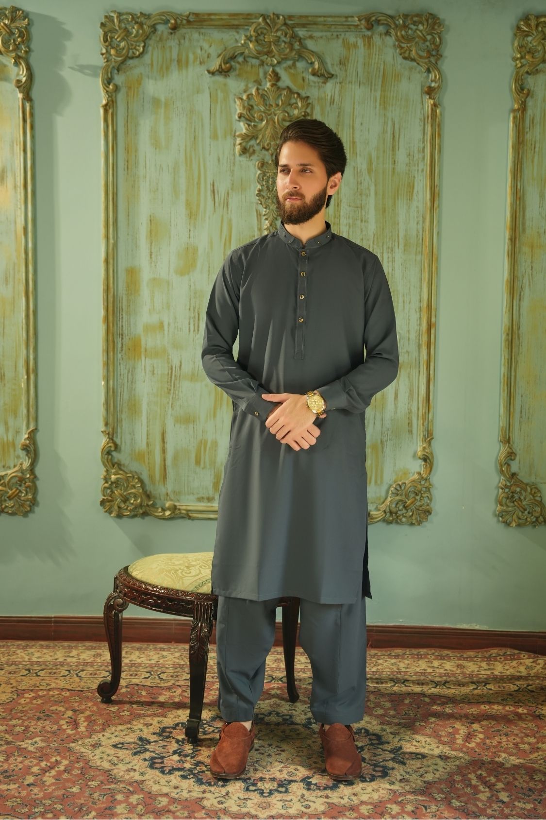 Charcoal Gray Stitched Shalwar Kameez (Ban Collar)