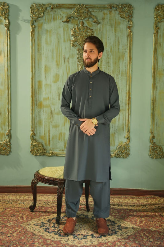 Charcoal Gray Stitched Shalwar Kameez (Ban Collar)