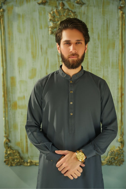 Charcoal Gray Stitched Shalwar Kameez (Ban Collar)