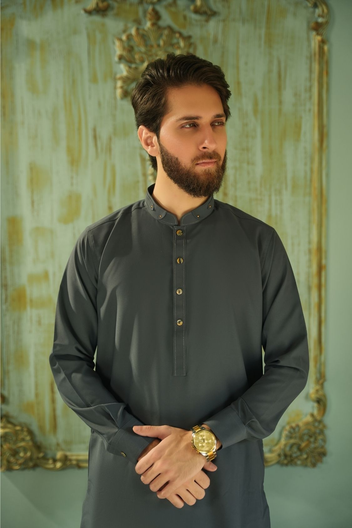 Charcoal Gray Stitched Shalwar Kameez (Ban Collar)