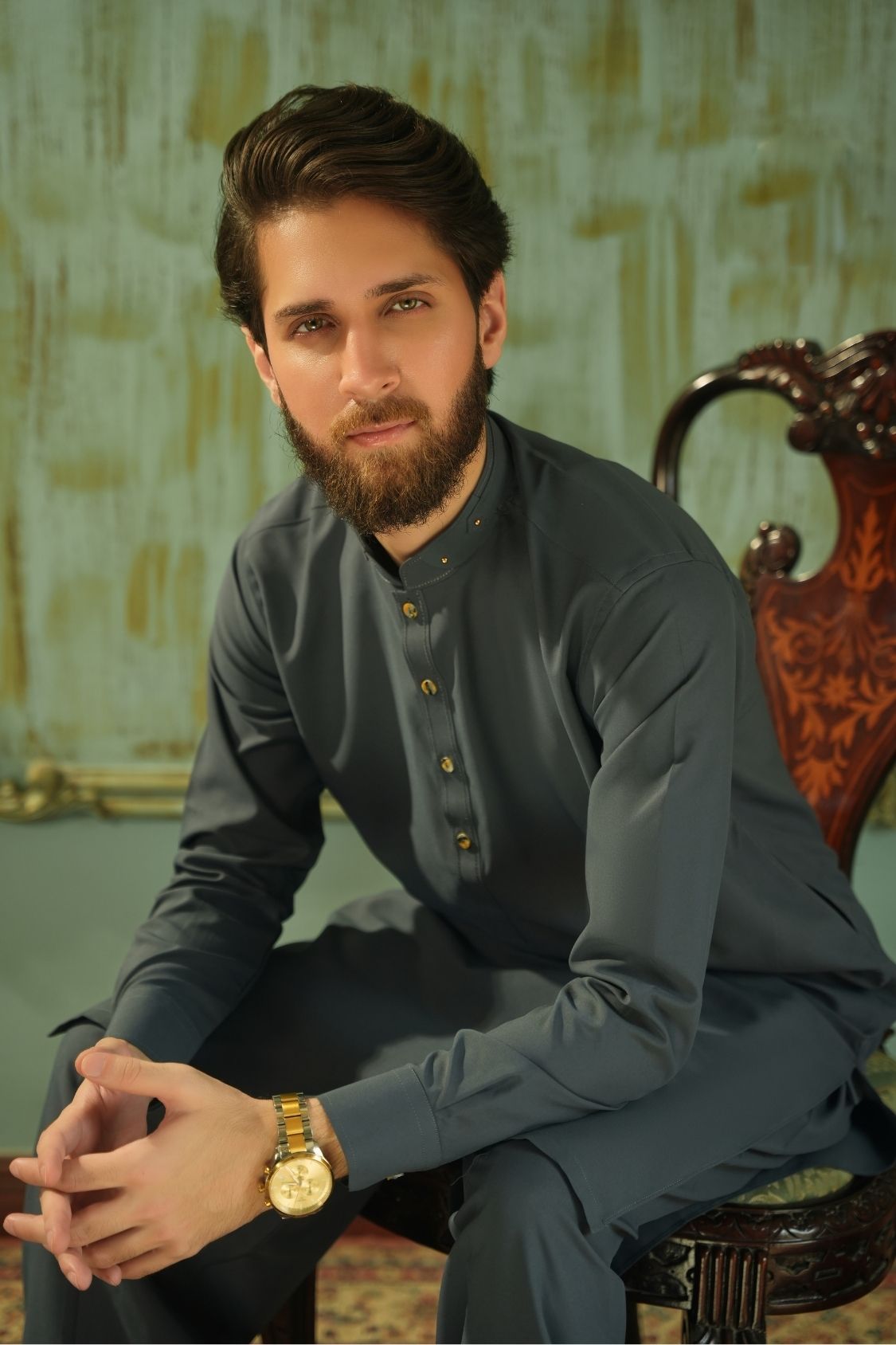 Charcoal Gray Stitched Shalwar Kameez (Ban Collar)