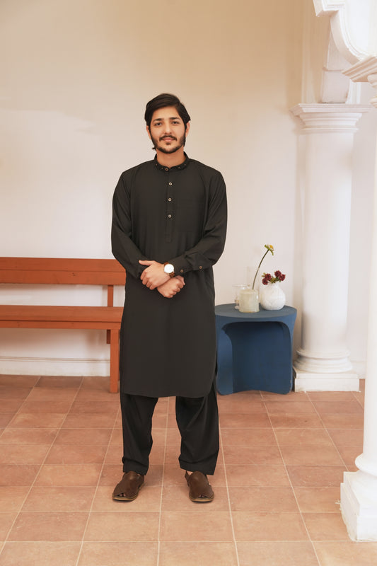 Black Stitched Shalwar Kameez (Ban Collar)