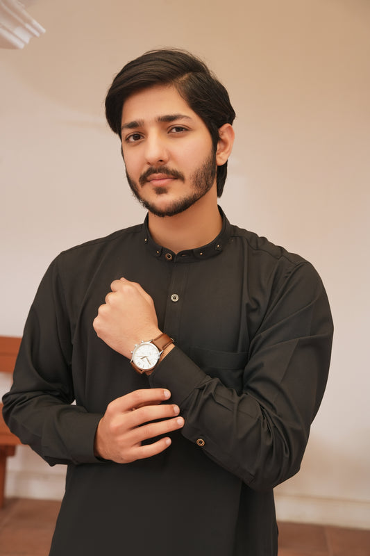 Black Stitched Shalwar Kameez (Ban Collar)