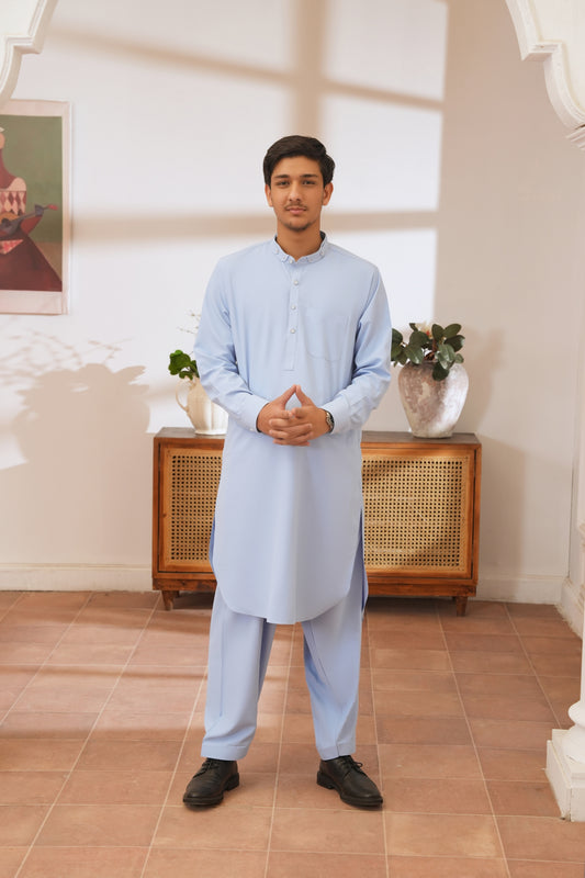 Sky Blue Stitched Shalwar Kameez (Ban Collar)