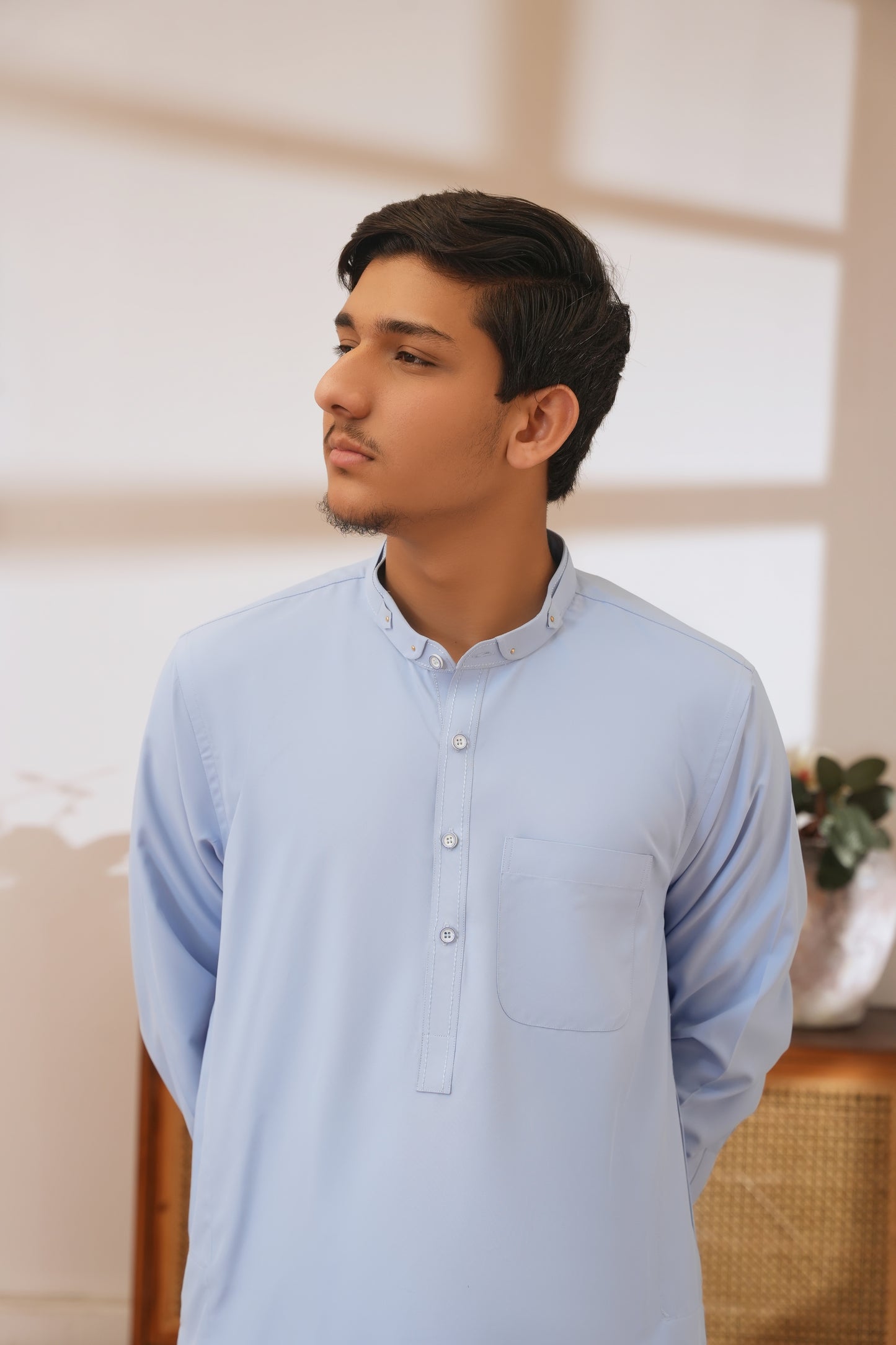Sky Blue Stitched Shalwar Kameez (Ban Collar)
