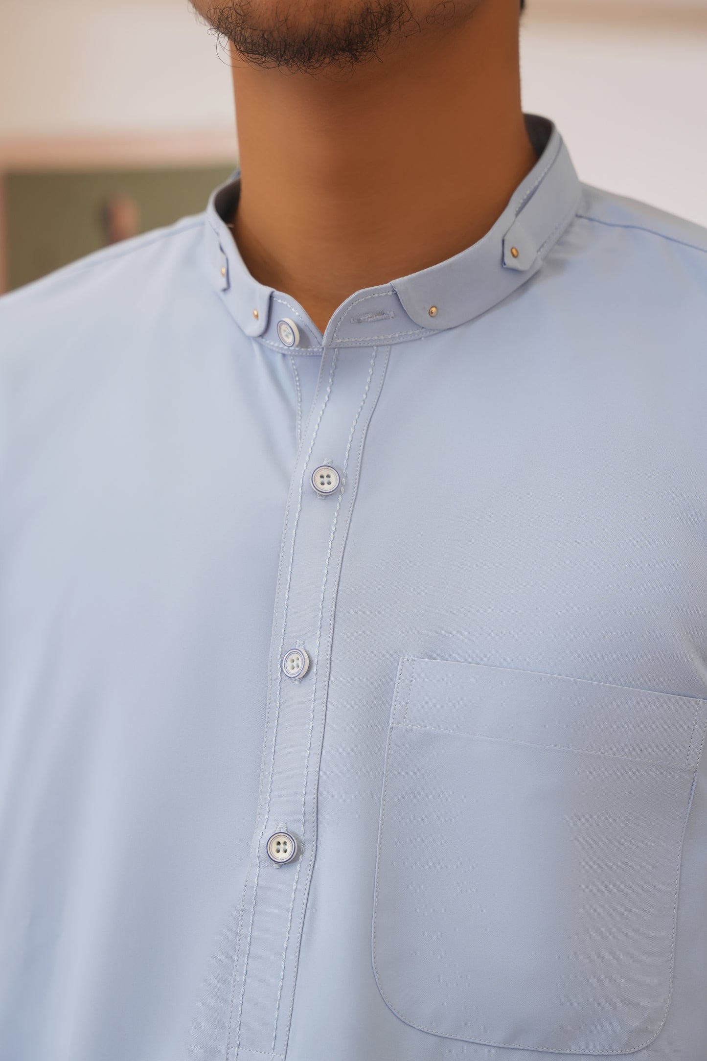 Sky Blue Stitched Shalwar Kameez (Ban Collar)