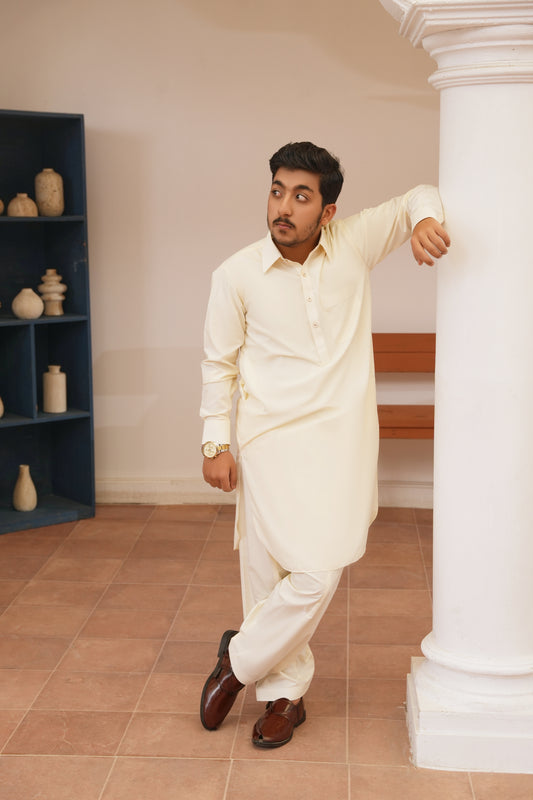 Cream White Stitched Shalwar Kameez