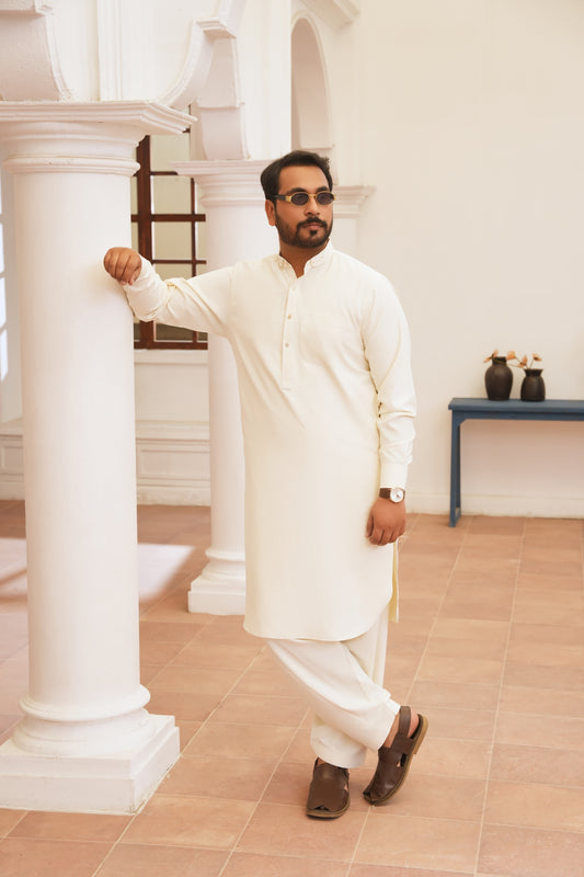 Cream White Stitched Shalwar Kameez (Ban Collar)