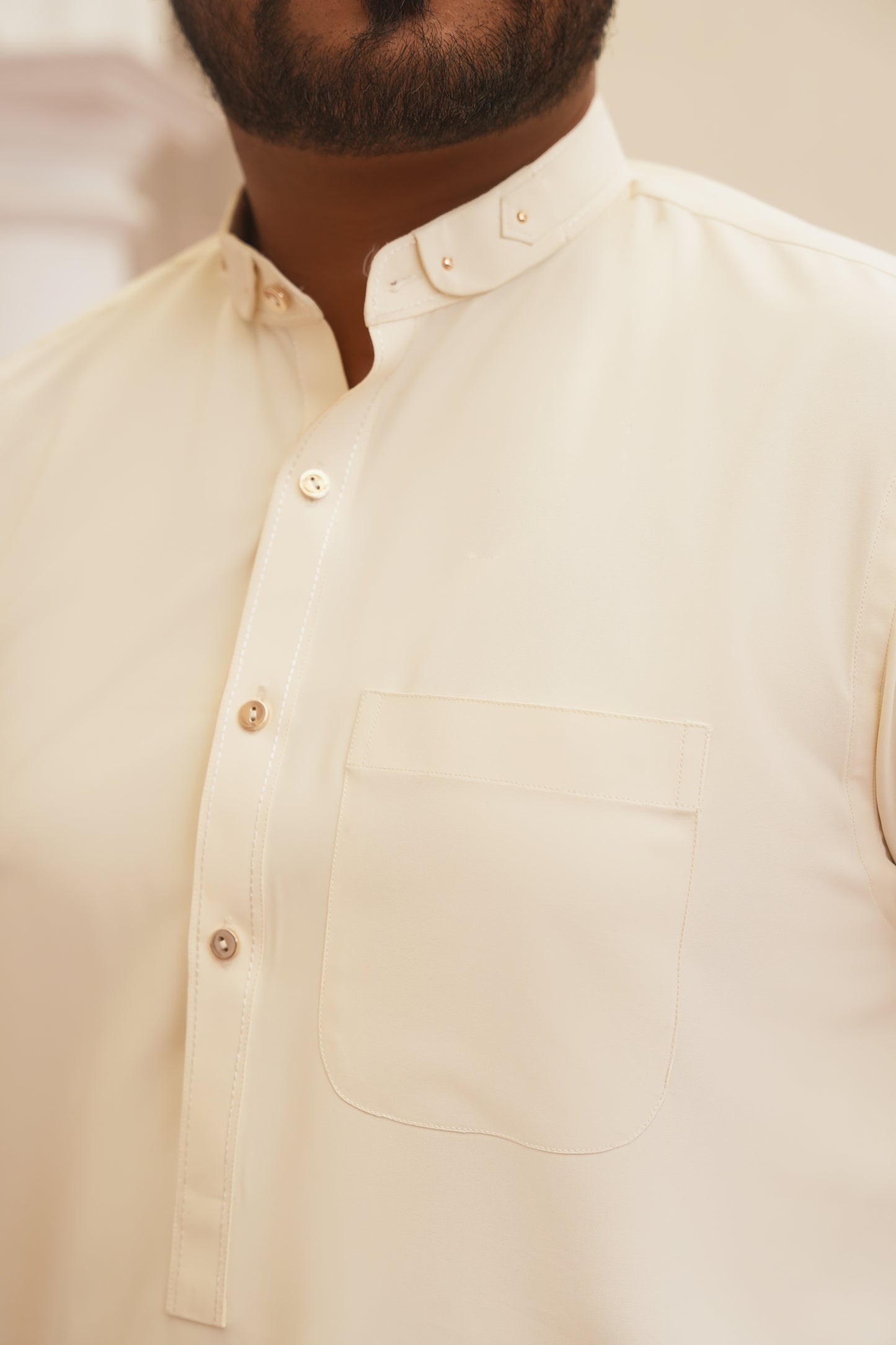 Cream White Stitched Shalwar Kameez (Ban Collar)