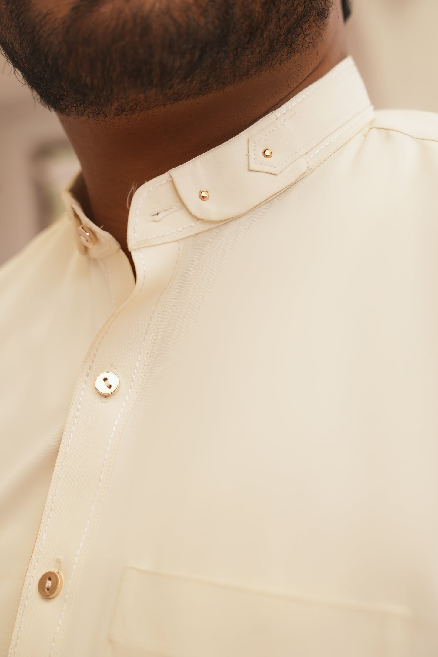 Cream White Stitched Shalwar Kameez (Ban Collar)