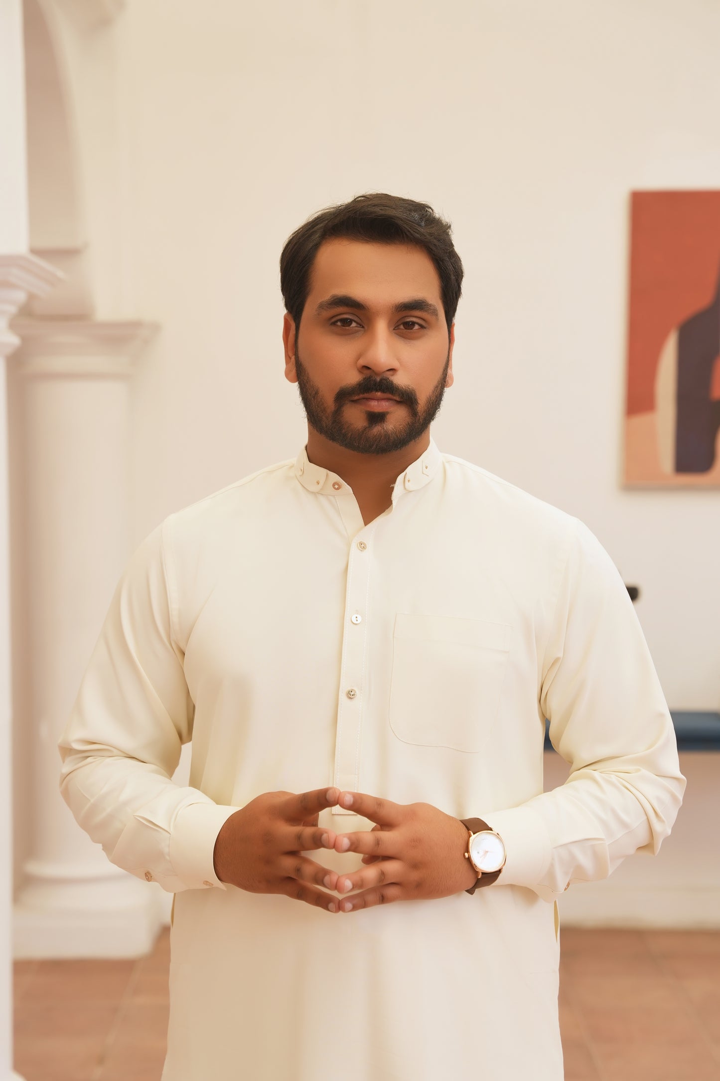 Cream White Stitched Shalwar Kameez (Ban Collar)