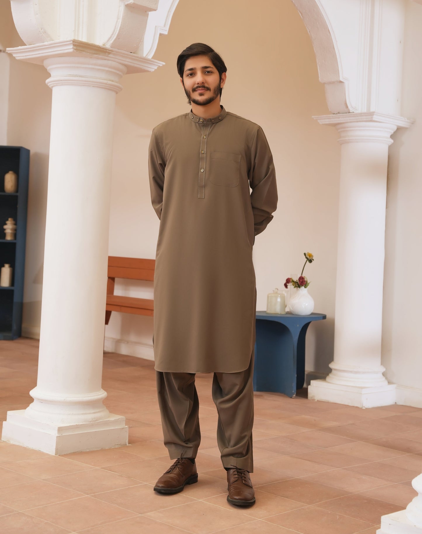 Chestnut Stitched Shalwar Kameez (Ban Collar)
