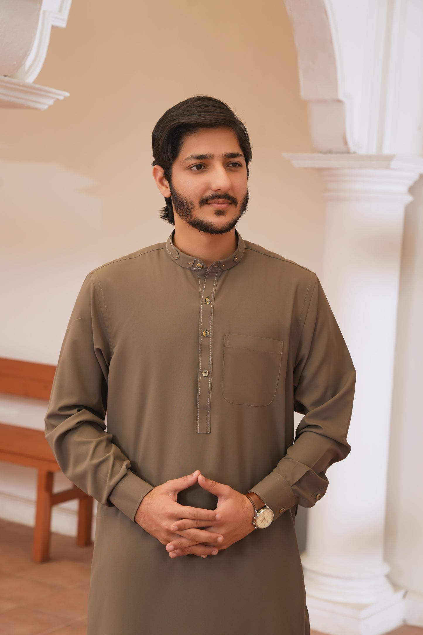 Chestnut Stitched Shalwar Kameez (Ban Collar)