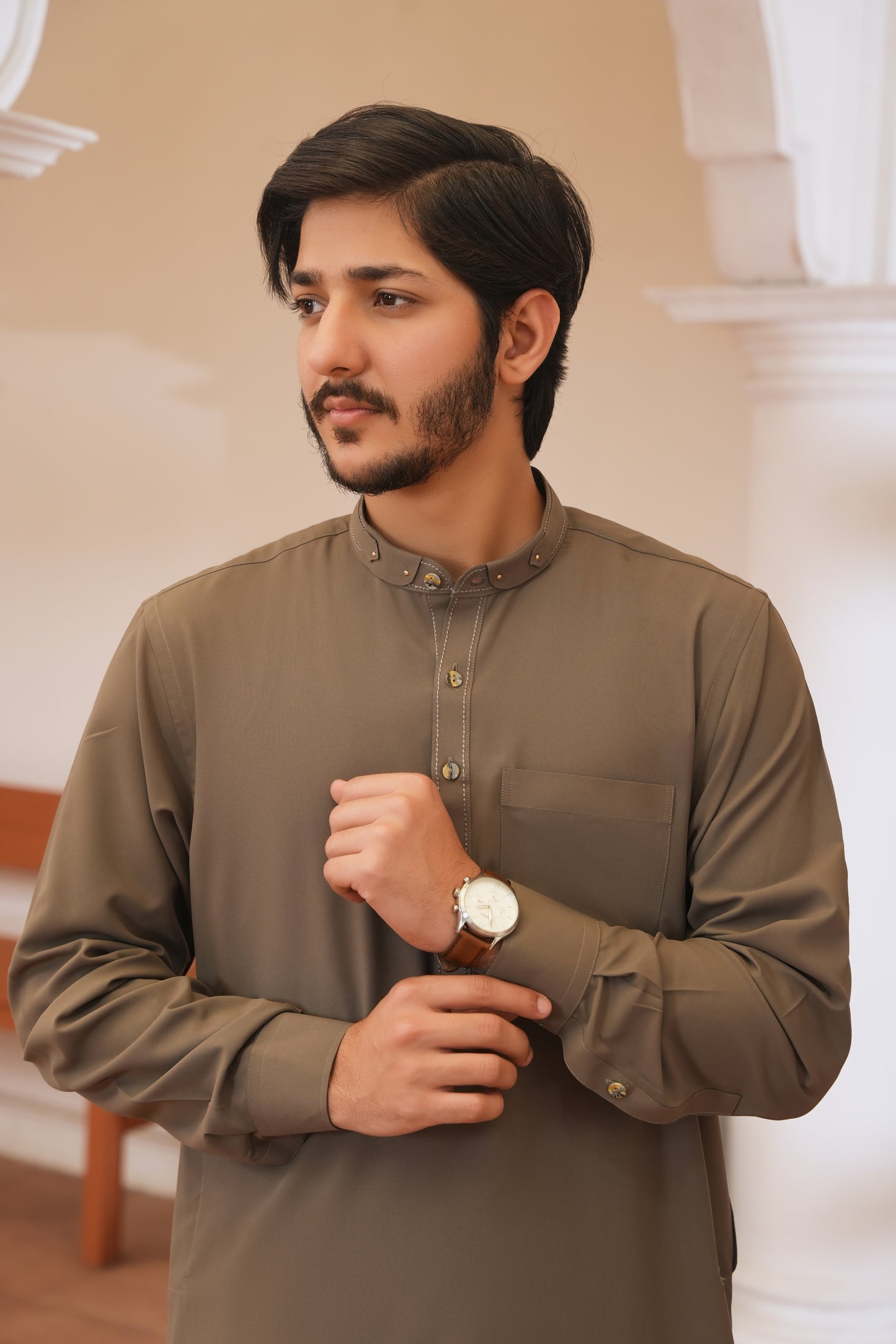 Chestnut Stitched Shalwar Kameez (Ban Collar)