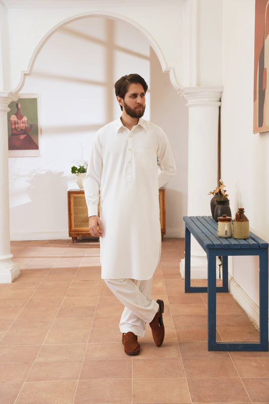 Eggshell White Stitched Shalwar Kameez