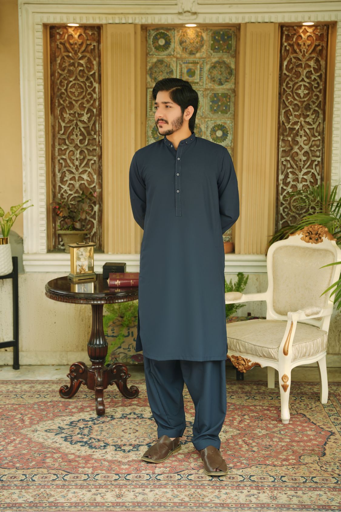 Royal Blue Stitched Shalwar Kameez (Ban Collar)