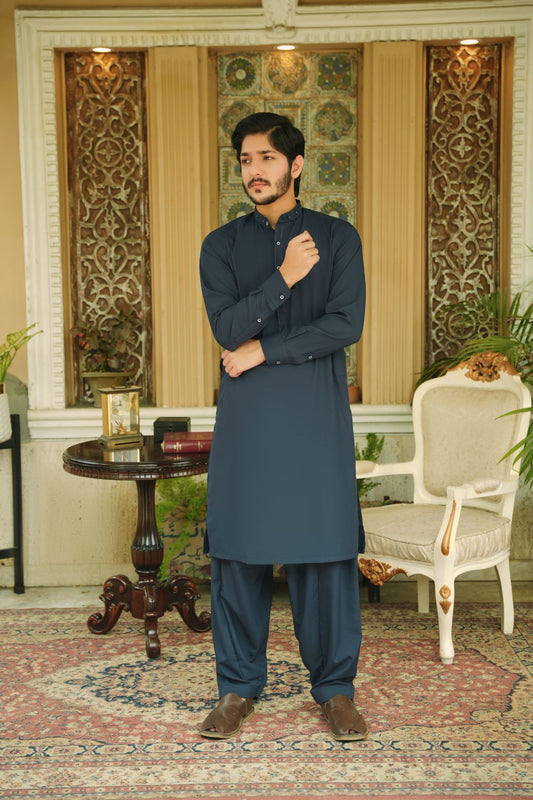 Royal Blue Stitched Shalwar Kameez (Ban Collar)
